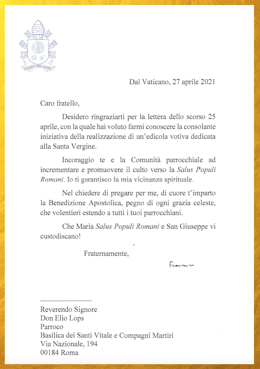 Lettera di papa Francesco a don Elio Lops del 27 aprile 2021.