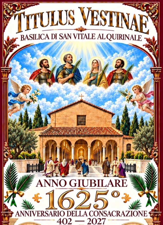 Illustrazione celebrativa della Basilica con i santi patroni: anno giubilare, 1625° anniversario della consacrazione, 402–2027.