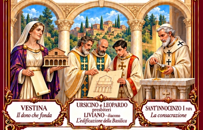 Illustrazione dei fondatori: Vestina, i presbiteri Ursicino e Leopardo, il diacono Liviano e papa sant’Innocenzo I.